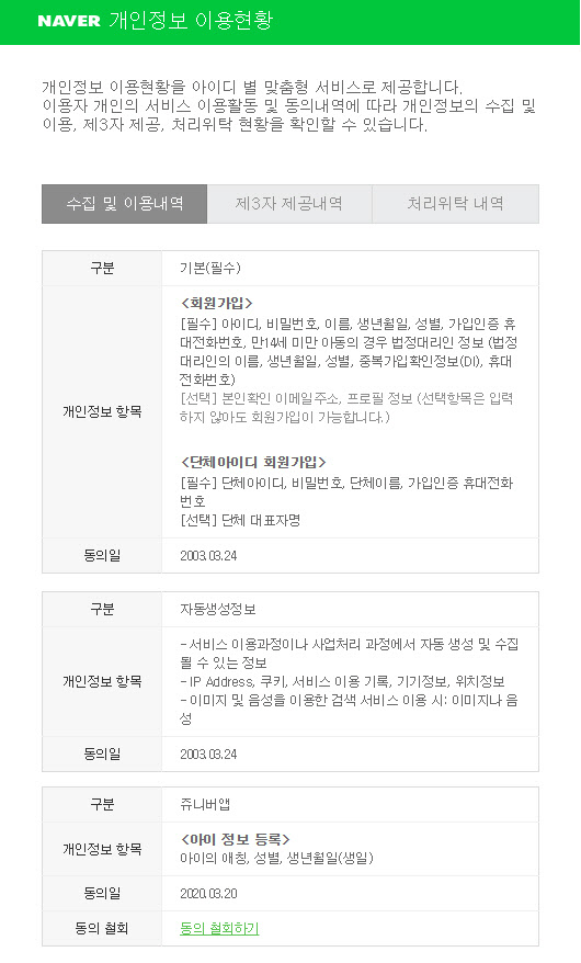 개편된 개인정보 이용현황 서비스의 모습. 네이버 제공